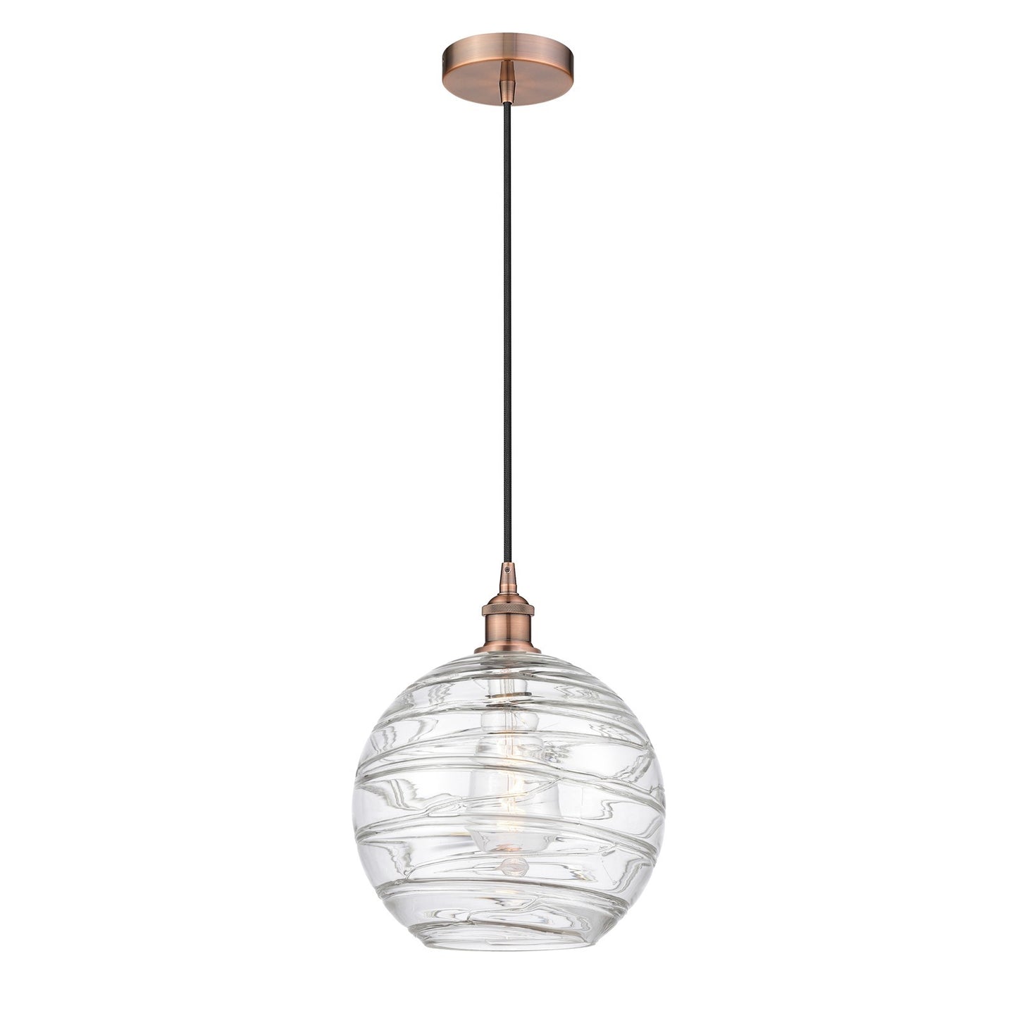 Innovations Athens Deco Swirl 12in 1-Light Mini Pendant | Industrial Antique Copper and Clear Deco Swirl Glass | Kitchen | Model 616-1P-AC-G1213-12CL