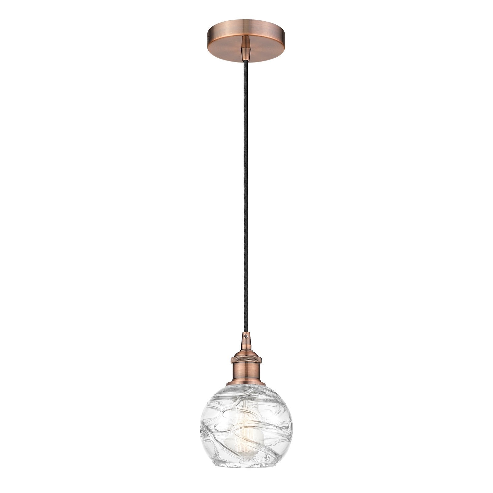 Innovations Athens Deco Swirl 6in 1-Light Mini Pendant | Industrial Antique Copper Steel and Cast Brass Clear Deco Swirl Glass | Model 616-1P-AC-G1213-6CL