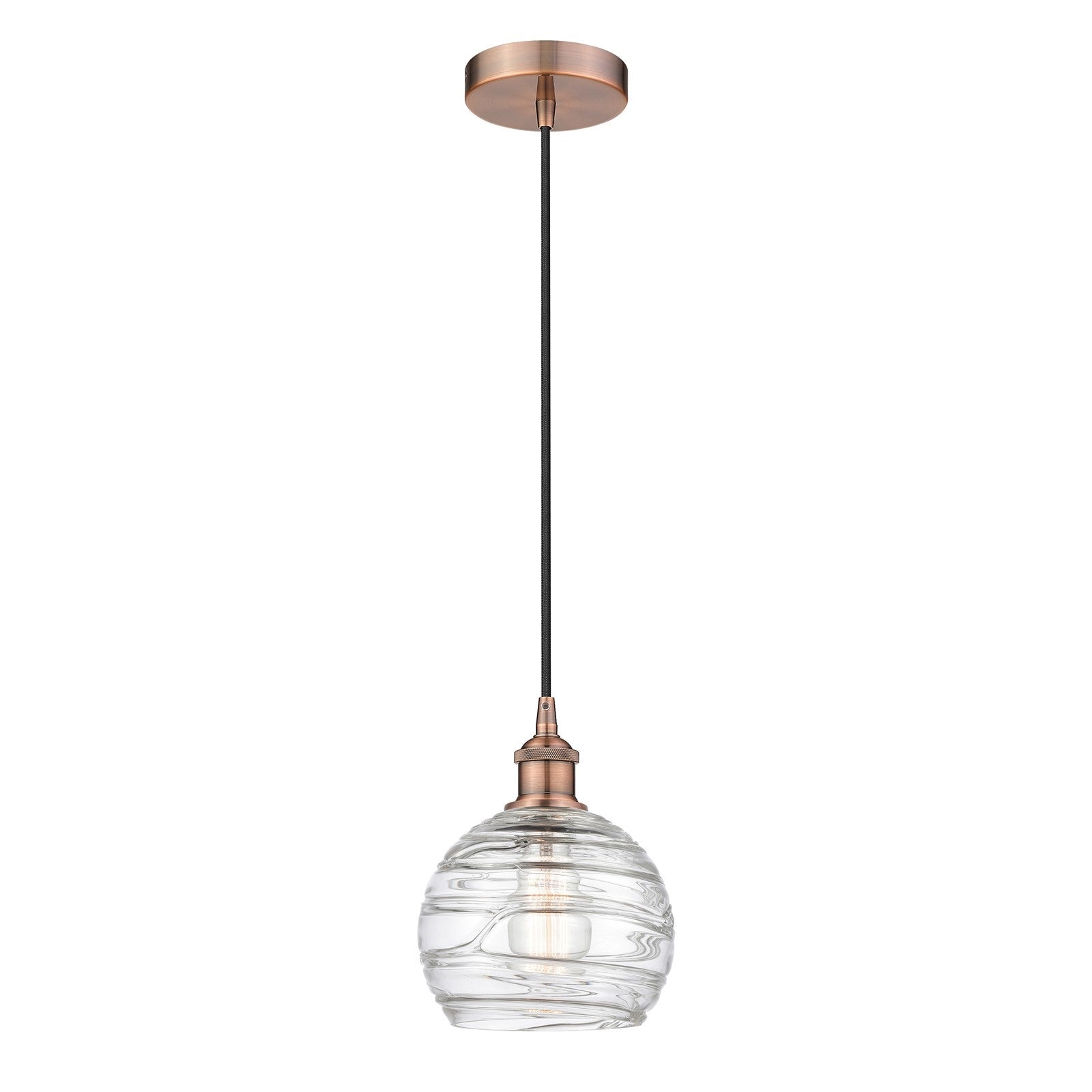 Innovations Athens Deco Swirl 8in 1-Light Mini Pendant | Industrial Antique Copper Steel and Clear Deco Swirl Glass | Kitchen | Model 616-1P-AC-G1213-8CL