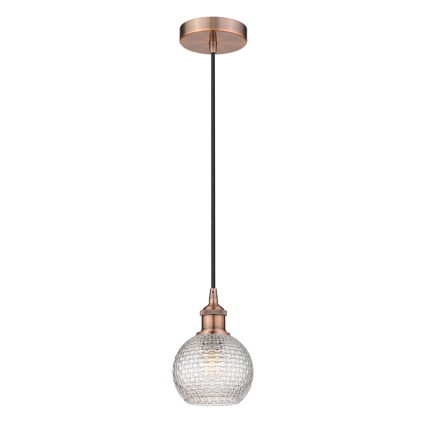 Innovations Athens 6in 1-Light Mini Pendant | Modern Farmhouse Antique Copper Steel and Clear Basket Weave Glass | Kitchen | Model 616-1P-AC-G122C-6CL