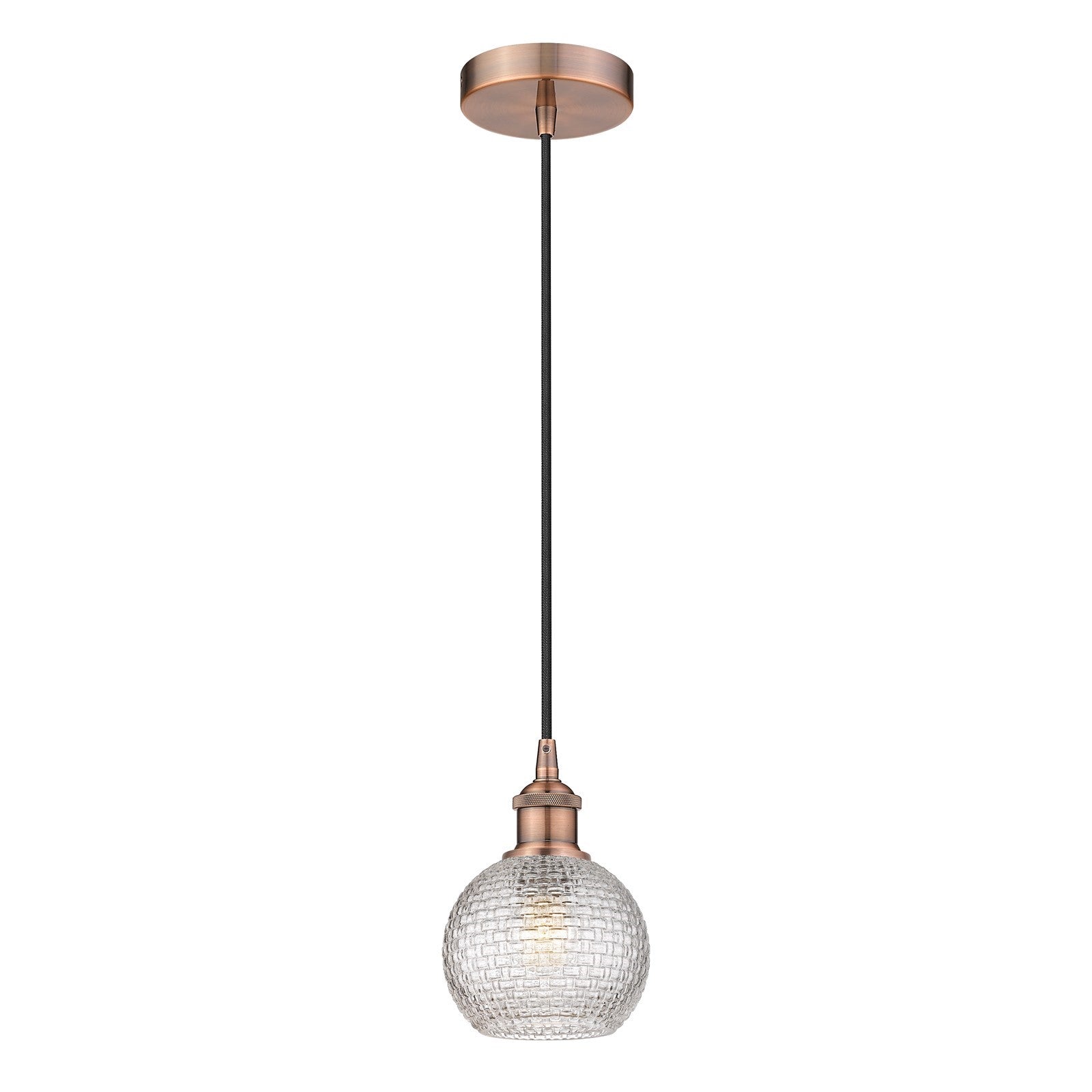 Innovations Athens 6in 1-Light Mini Pendant | Modern Farmhouse Antique Copper Steel and Clear Basket Weave Glass | Kitchen | Model 616-1P-AC-G122C-6CL