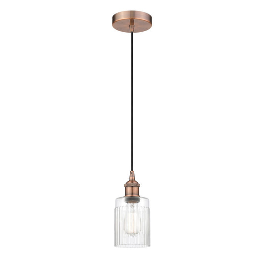 Innovations Hadley 4.5in 1-Light Mini Pendant | Art Nouveau Antique Copper Steel and Clear Ribbed Glass | Kitchen Island & | Model 616-1P-AC-G342-LED