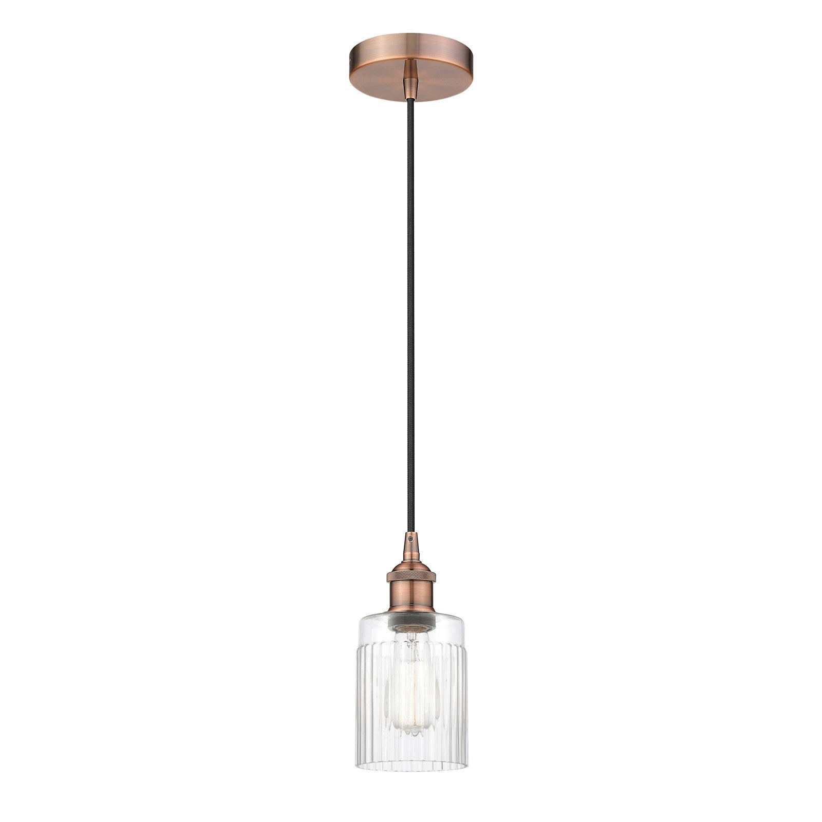Innovations Hadley 4.5in 1-Light Mini Pendant | Art Nouveau Antique Copper Steel and Clear Ribbed Glass | Kitchen Island & | Model 616-1P-AC-G342-LED