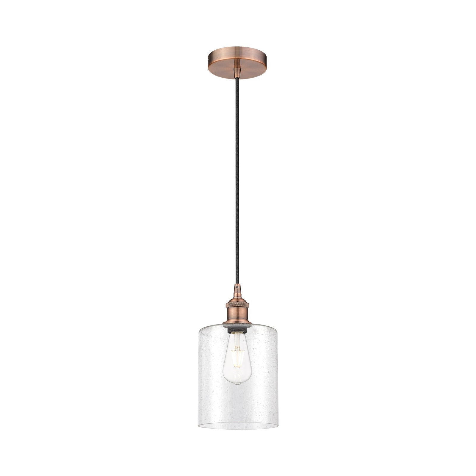 Innovations Paladin 7in 1-Light Mini Pendant | Farmhouse Antique Copper Steel and Seedy Glass Cylinder | Kitchen Island & Dining | Model 616-1P-AC-G4424-7