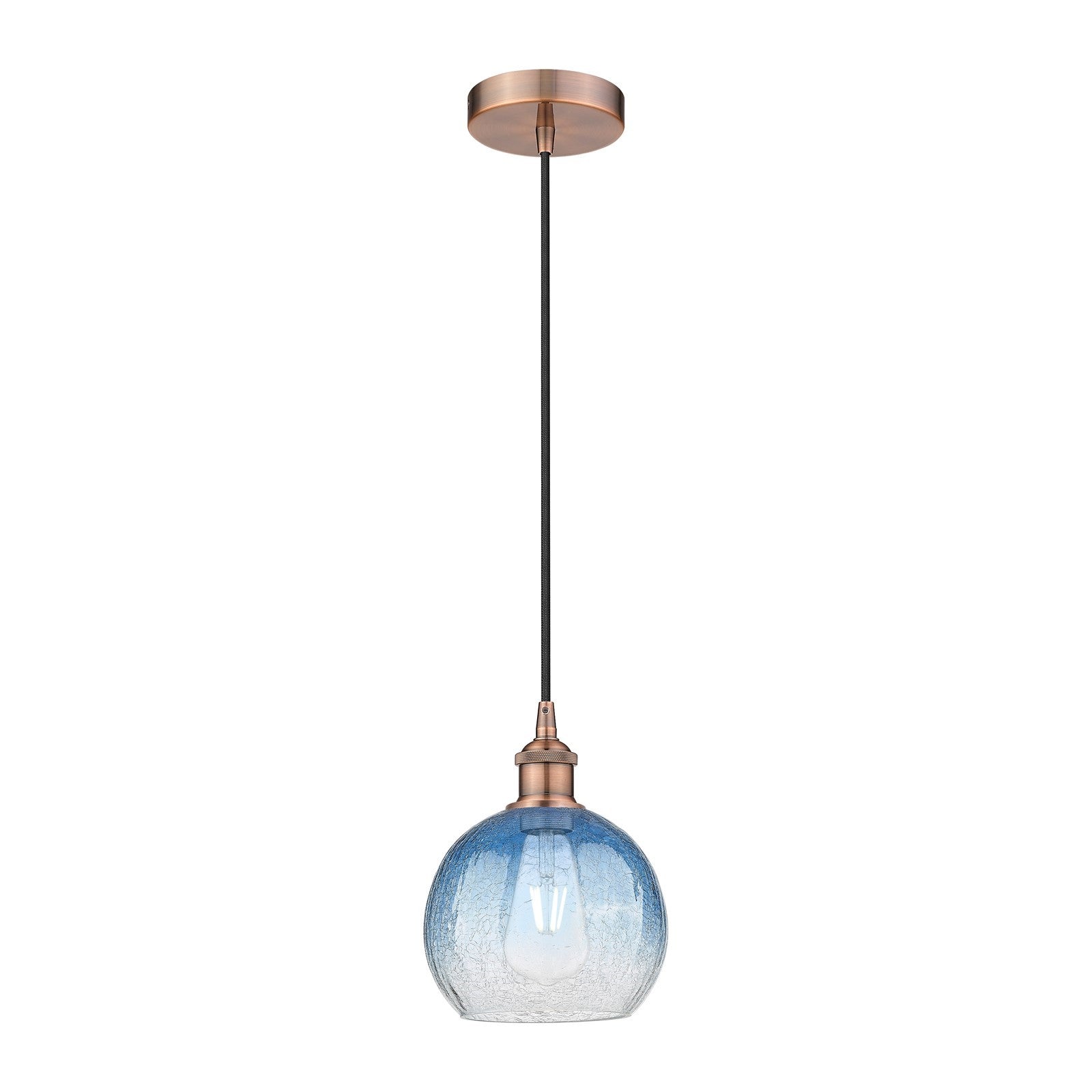 Innovations Brookhaven Globe 8in 1-Light Mini Pendant | Industrial Antique Copper and Sapphire Blue Glass | Kitchen Island & | Model 616-1P-AC-G483-8SB
