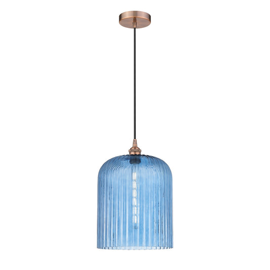 Innovations Bridal Veil 5in 1-Light Mini Pendant | Art Nouveau Antique Copper Steel and Princess Blue Ribbed Glass | Kitchen | Model 616-1P-AC-G559-12BL