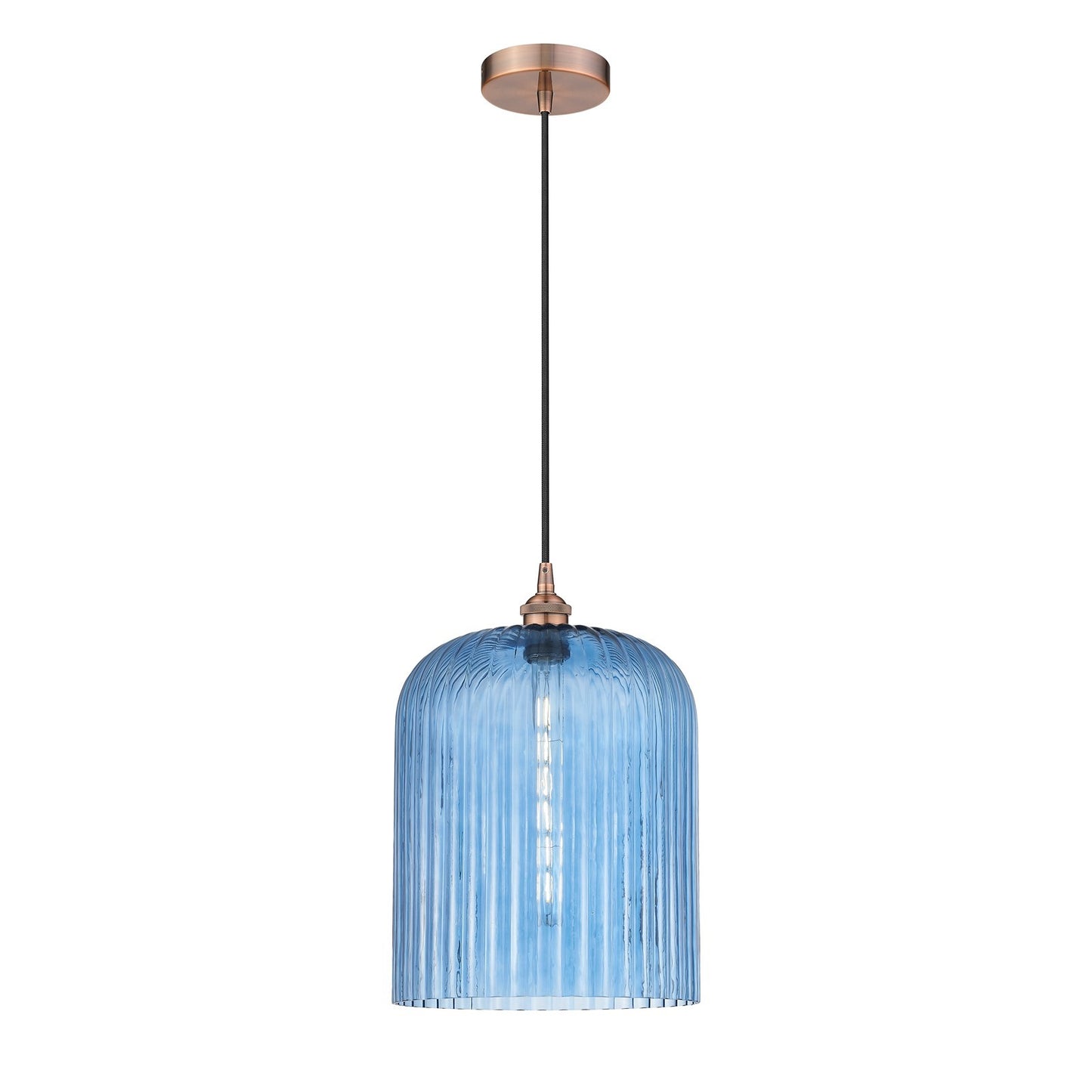 Innovations Bridal Veil 5in 1-Light Mini Pendant | Art Nouveau Antique Copper Steel and Princess Blue Ribbed Glass | Kitchen | Model 616-1P-AC-G559-12BL