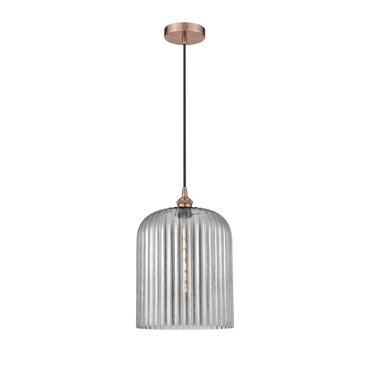 Innovations Bridal Veil 5in 1-Light Mini Pendant | Art Nouveau Antique Copper and Light Smoke Ribbed Glass | Kitchen Island & | Model 616-1P-AC-G559-12SM
