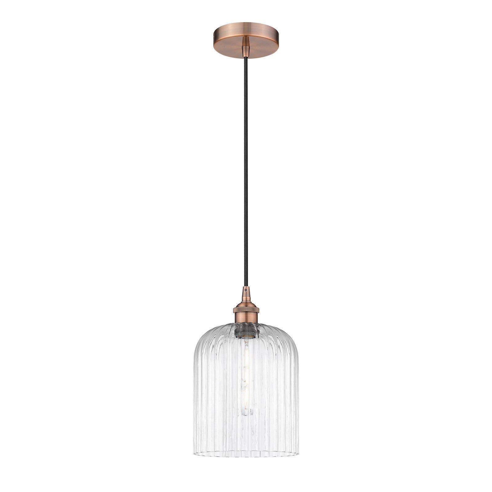 Innovations Bridal Veil 5in 1-Light Mini Pendant | Art Nouveau Antique Copper Steel and Clear Ribbed Glass | Kitchen Island & | Model 616-1P-AC-G559-8CL
