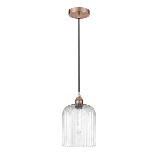 Innovations Bridal Veil 5in 1-Light Mini Pendant | Art Nouveau Antique Copper Steel and Clear Ribbed Glass | Kitchen Island & | Model 616-1P-AC-G559-8CL