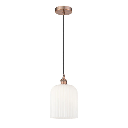 Innovations Bridal Veil 5in 1-Light Mini Pendant | Art Nouveau Antique Copper and Gloss White Ribbed Glass | Kitchen Island & | Model 616-1P-AC-G559-8GWH