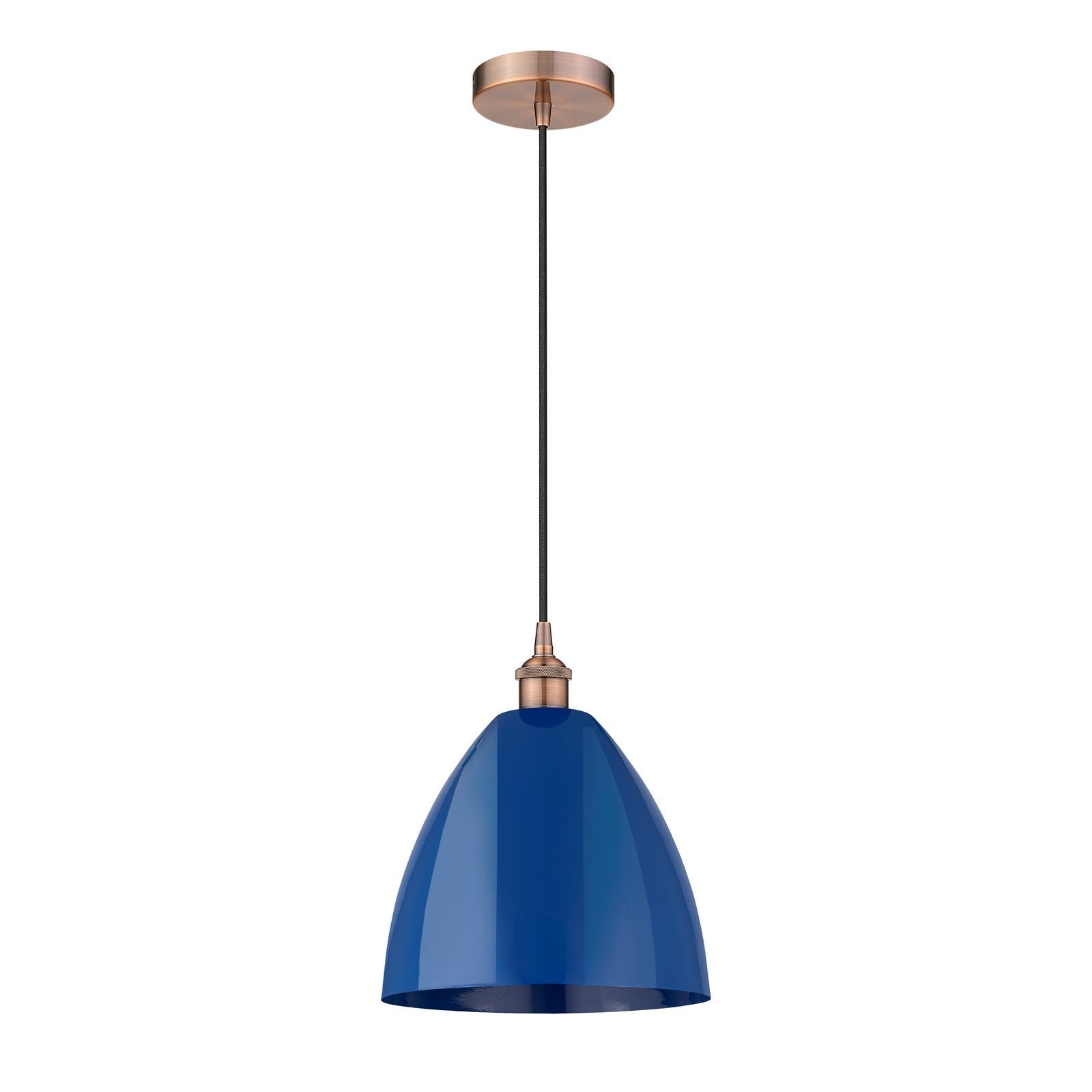 Innovations Plymouth 12in 1-Light Mini Pendant | Industrial Antique Copper and Matte Blue Metal | Kitchen Island & Dining | Model 616-1P-AC-MBD-12-BL-LED