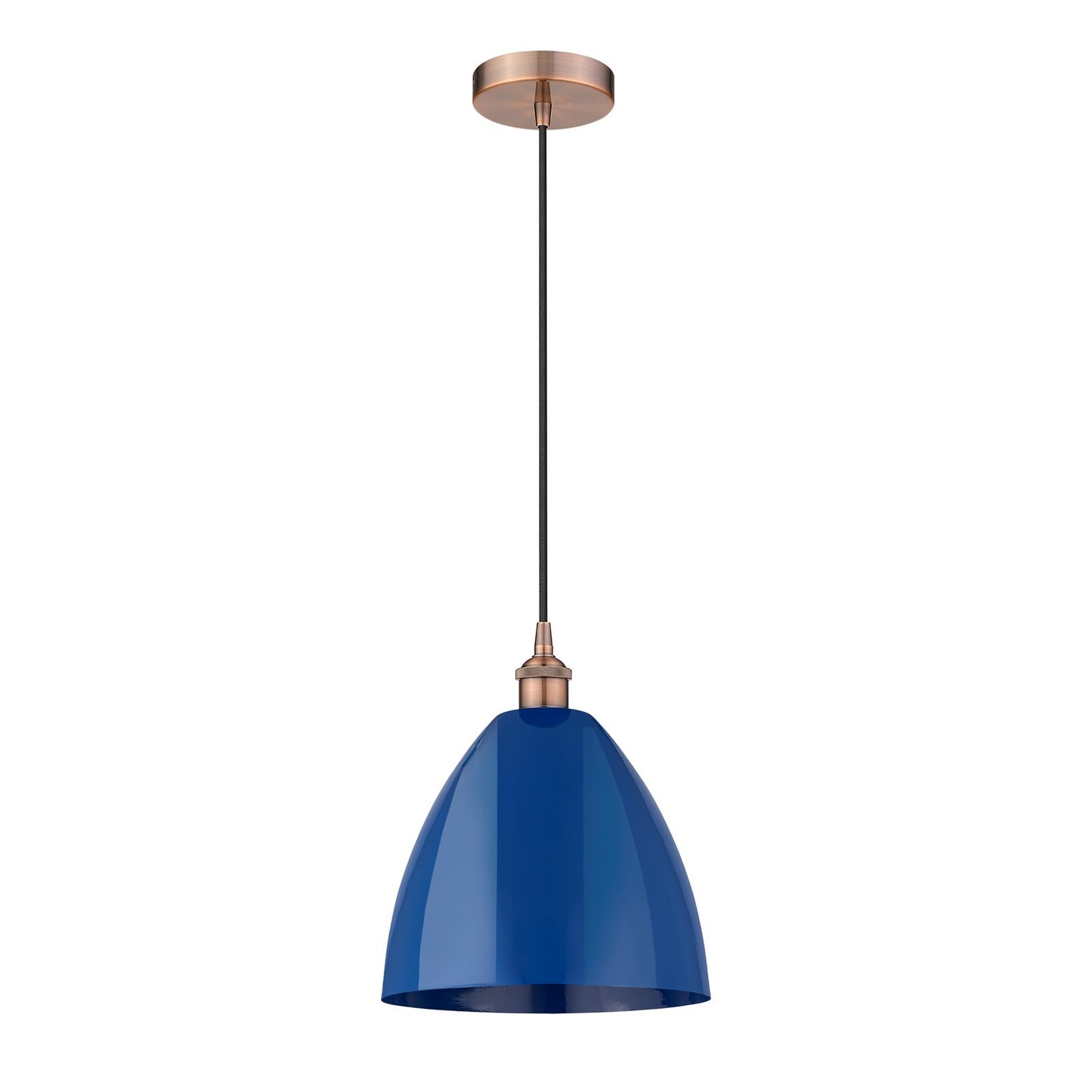 Innovations Plymouth 12in 1-Light Mini Pendant | Industrial Antique Copper and Matte Blue Metal | Kitchen Island & Dining | Model 616-1P-AC-MBD-12-BL-LED