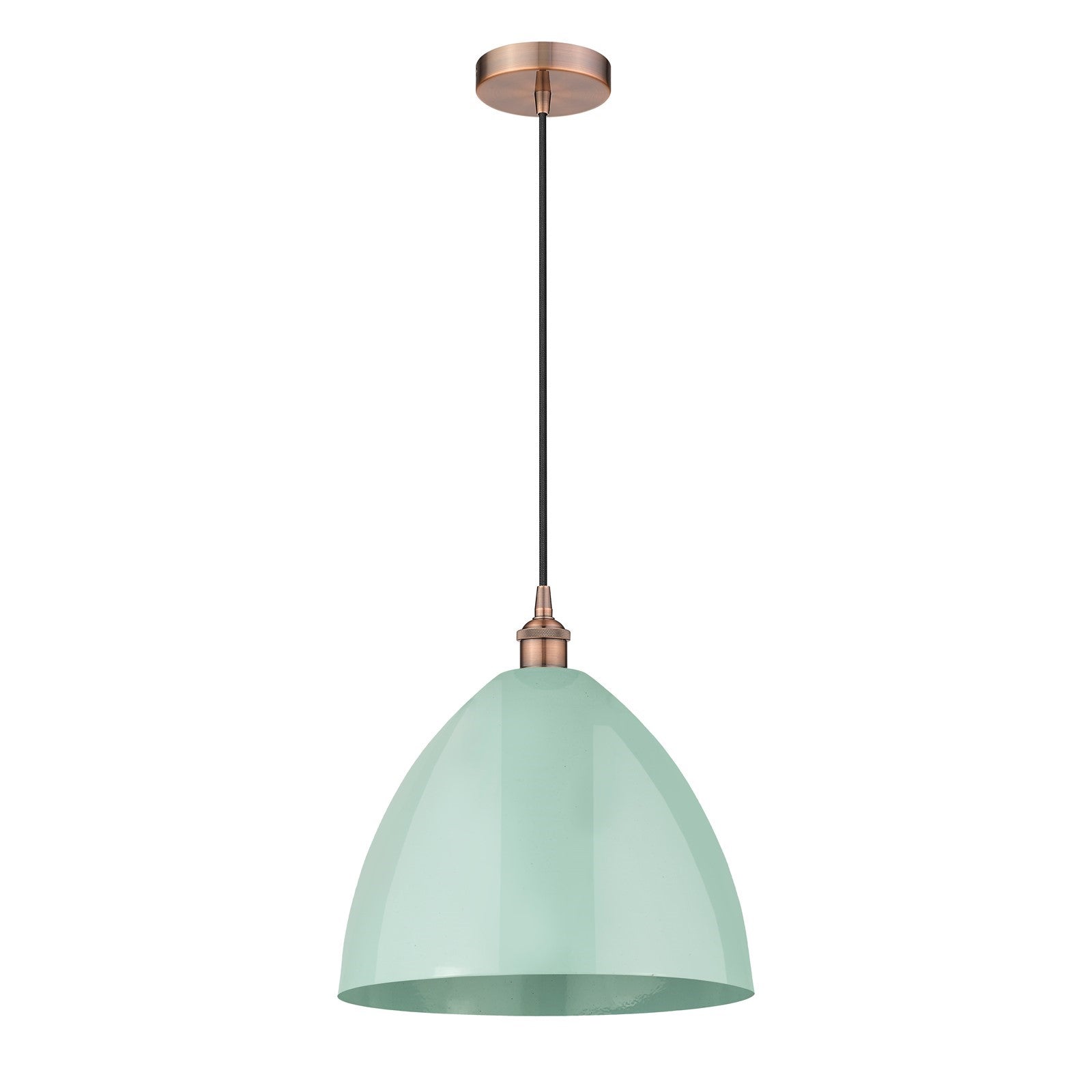 Innovations Plymouth 16in 1-Light Mini Pendant | Industrial Farmhouse Antique Copper Steel and Seafoam Metal Shade | Model 616-1P-AC-MBD-16-SF-LED