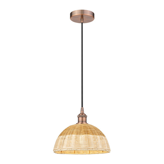 Innovations Natural Ballston Dome 12in 1-Light Mini Pendant | Farmhouse Antique Copper Steel and Natural Fiber Basketweave | Model 616-1P-AC-NBD2-12-NAT