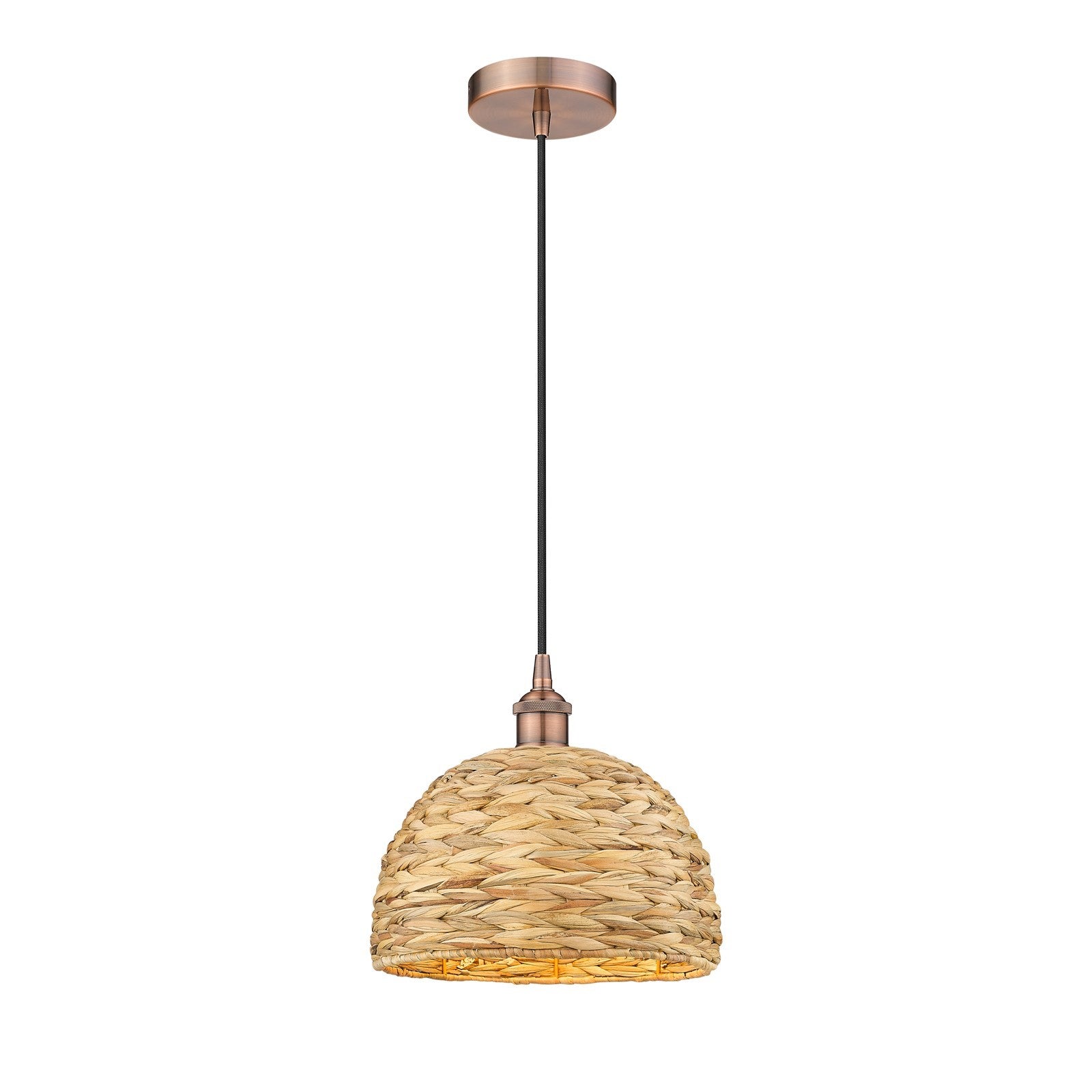 Innovations Woven Rattan 12in 1-Light Mini Pendant | Industrial Antique Copper Steel and Natural Fiber Dome Shade | Kitchen | Model 616-1P-AC-RBD-12-NAT