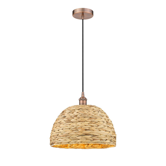 Innovations Woven Rattan 16in 1-Light Mini Pendant | Industrial Antique Copper Steel and Natural Fiber Shade | Kitchen Island | Model 616-1P-AC-RBD-16-NAT