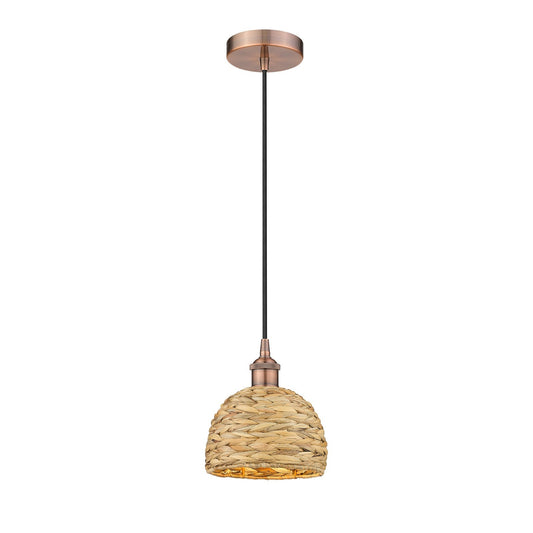 Innovations Woven Rattan 8in 1-Light Mini Pendant | Rustic Antique Copper Steel and Natural Woven Rattan Shade | Kitchen | Model 616-1P-AC-RBD-8-NAT