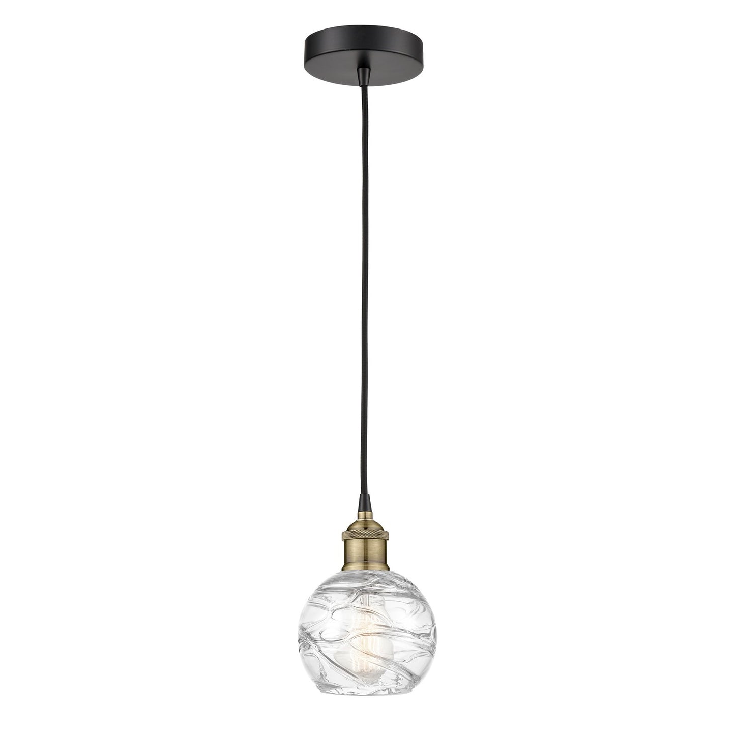 Innovations Athens Deco Swirl 6in 1-Light Mini Pendant | Industrial Black Antique Brass Steel and Clear Deco Swirl Glass | Model 616-1P-BAB-G1213-6CL