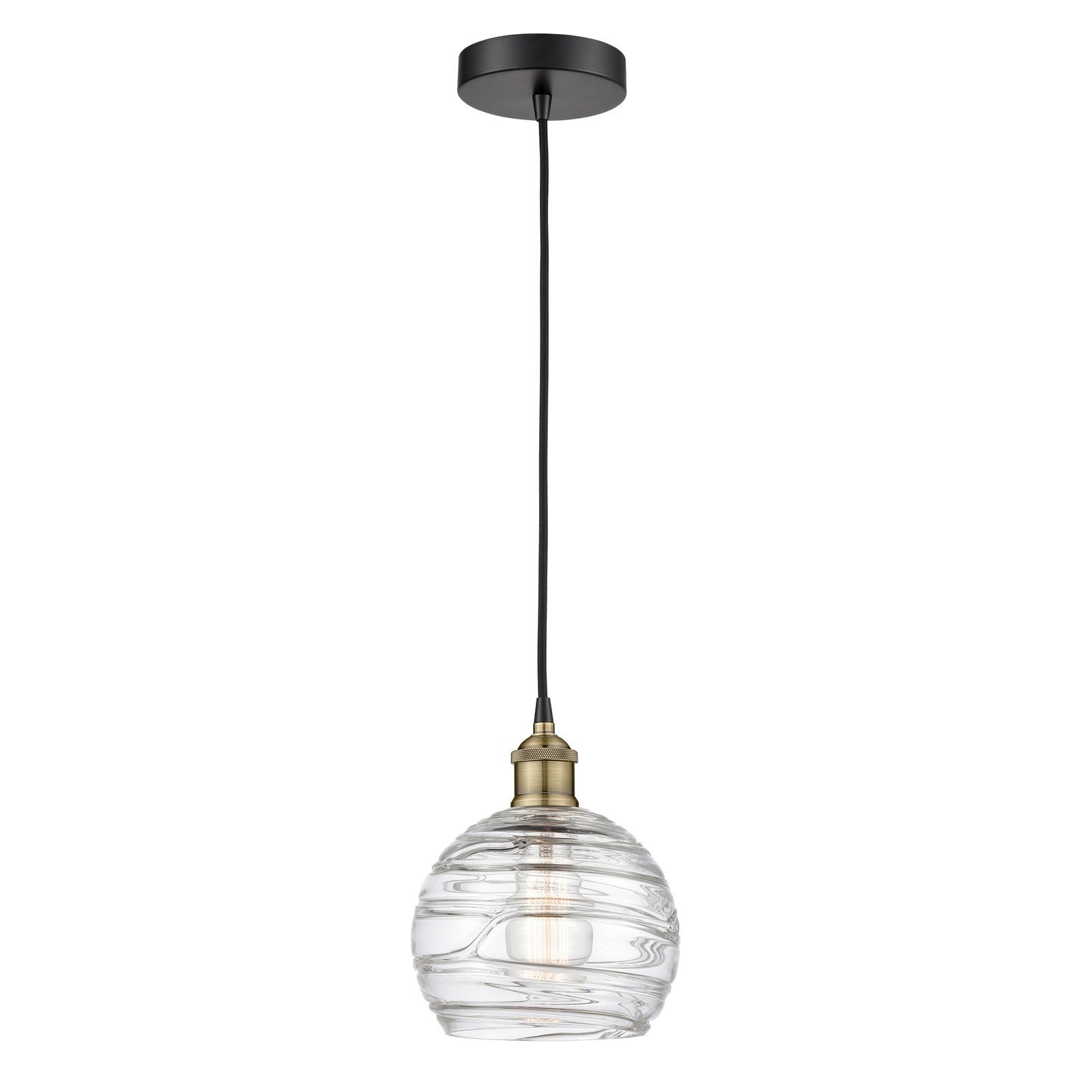 Innovations Athens Deco Swirl 8in 1-Light Mini Pendant | Industrial Black Antique Brass and Clear Deco Swirl Glass | Kitchen | Model 616-1P-BAB-G1213-8CL