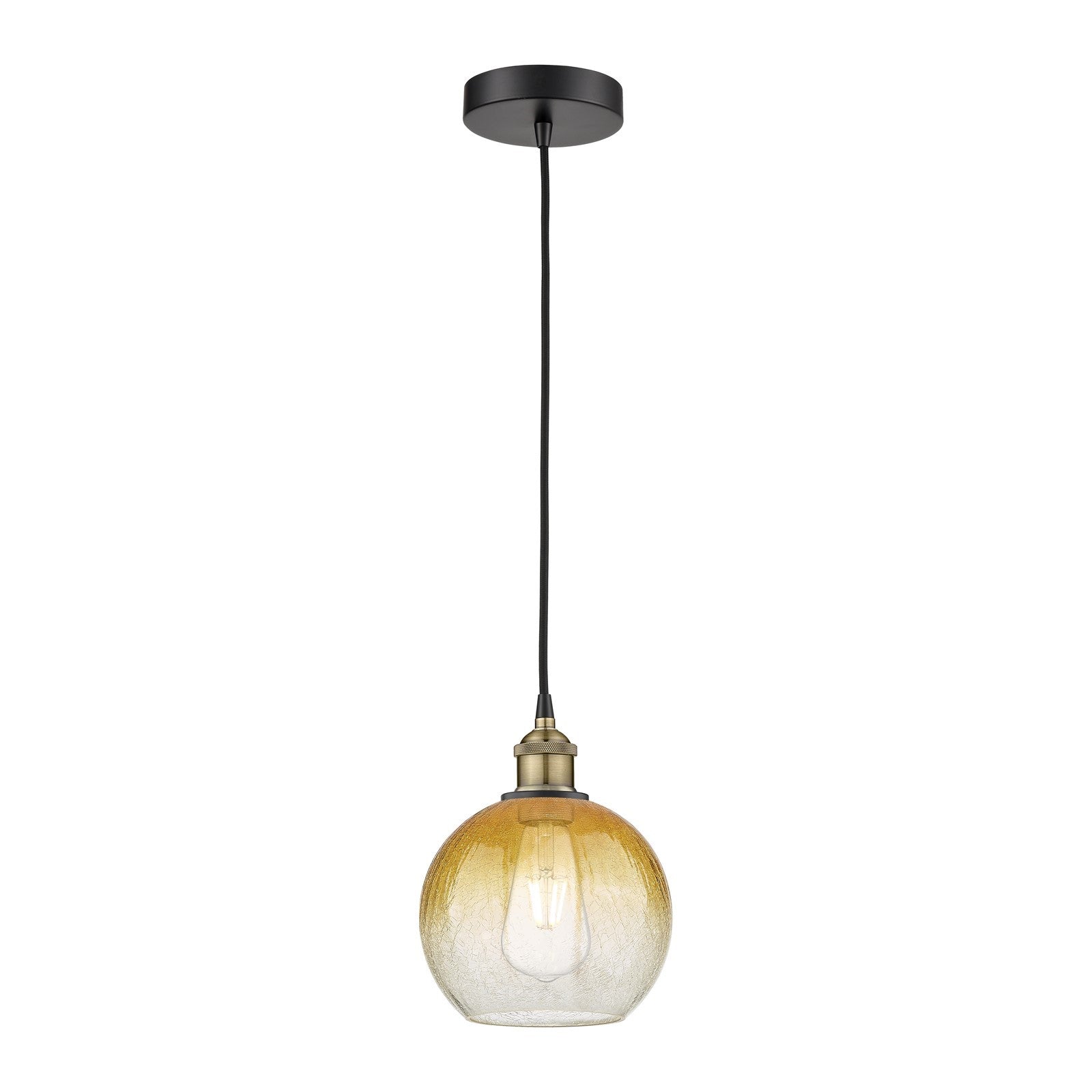 Innovations Brookhaven Globe 8in 1-Light Mini Pendant | Industrial Black Antique Brass and Amber Glass | Kitchen Island & | Model 616-1P-BAB-G483-8AM