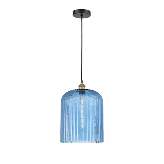 Innovations Bridal Veil 5in 1-Light Mini Pendant | Industrial Black Antique Brass Steel and Princess Blue Ribbed Glass | Model 616-1P-BAB-G559-12BL
