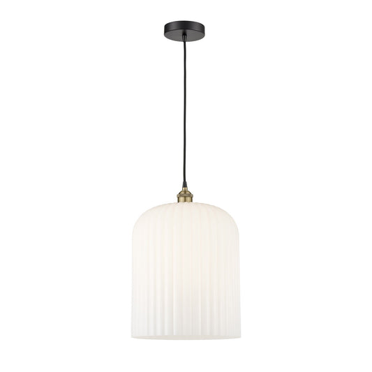 Innovations Bridal Veil 5in 1-Light Mini Pendant | Industrial Black Antique Brass and Gloss White Ribbed Glass | Kitchen | Model 616-1P-BAB-G559-12GWH