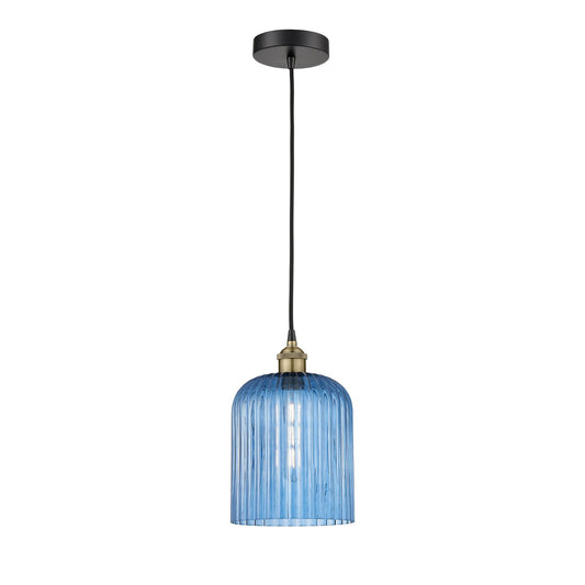 Innovations Bridal Veil 5in 1-Light Mini Pendant | Industrial Black Antique Brass Steel and Princess Blue Ribbed Glass | Model 616-1P-BAB-G559-8BL