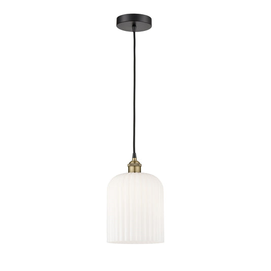 Innovations Bridal Veil 5in 1-Light Mini Pendant | Industrial Black Antique Brass Steel and Gloss White Ribbed Glass | Model 616-1P-BAB-G559-8GWH