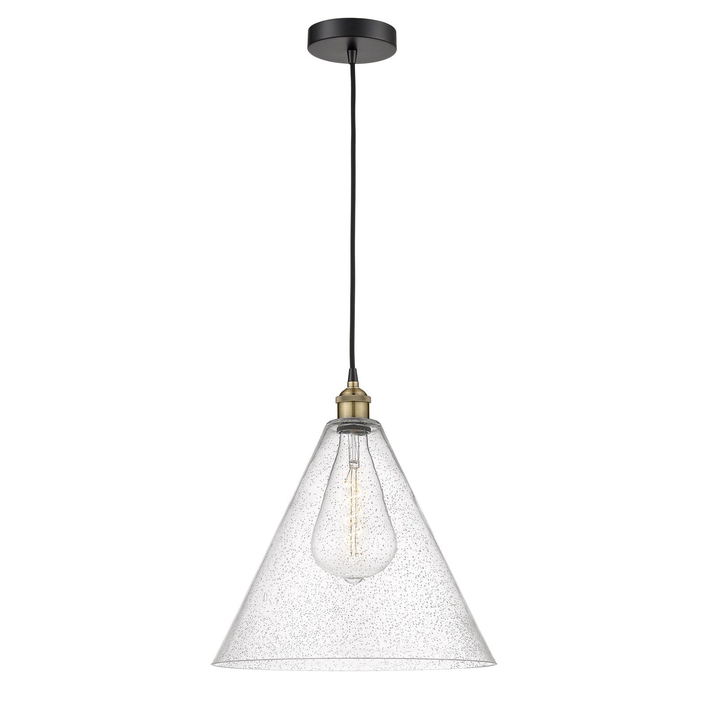 Innovations Berkshire Glass 16in 1-Light Pendant | Industrial Black Antique Brass Steel and Seedy Glass | Kitchen Island & | Model 616-1P-BAB-GBC-164-LED