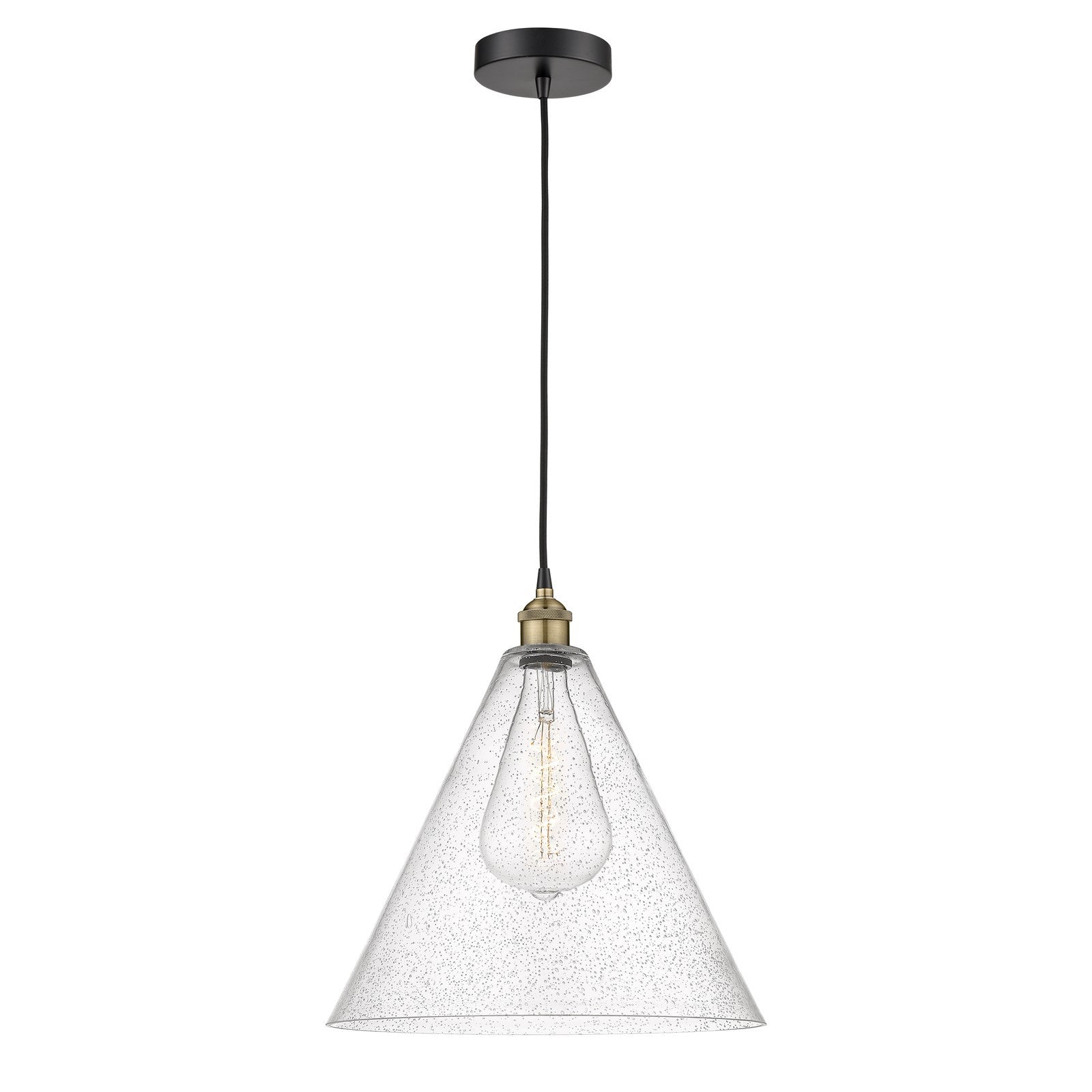 Innovations Berkshire Glass 16in 1-Light Pendant | Industrial Black Antique Brass Steel and Seedy Glass | Kitchen Island & | Model 616-1P-BAB-GBC-164-LED