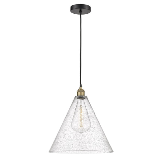 Innovations Berkshire Glass 16in 1-Light Pendant | Industrial Black Antique Brass Steel and Seedy Glass | Kitchen Island & | Model 616-1P-BAB-GBC-164-LED