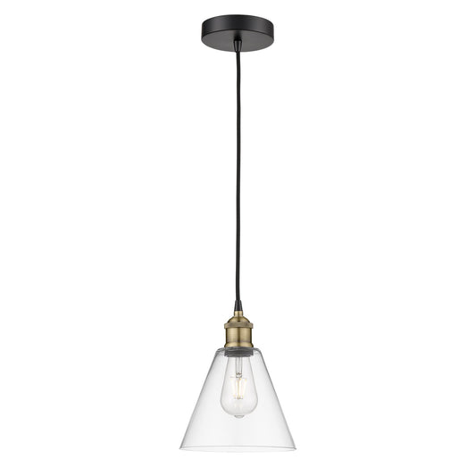 Innovations Berkshire Glass 8in 1-Light Mini Pendant | Industrial Black Antique Brass and Clear Glass | Kitchen Island & | Model 616-1P-BAB-GBC-82-LED