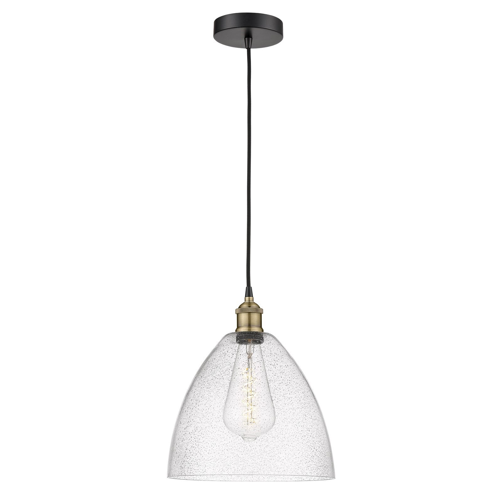 Innovations Bristol 12in 1-Light Mini Pendant | Industrial Black Antique Brass Steel and Seedy Glass | Kitchen Island & | Model 616-1P-BAB-GBD-124-LED