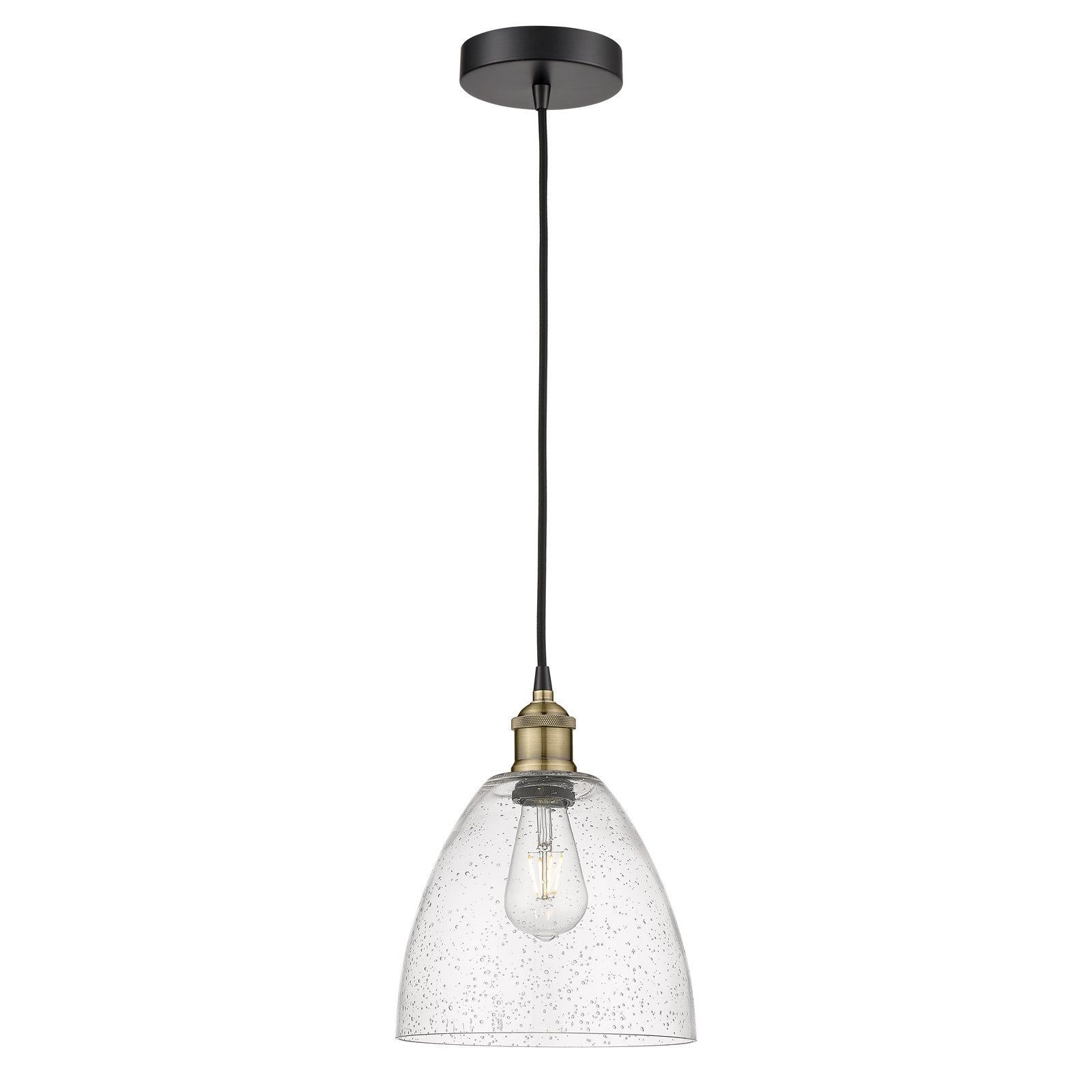 Innovations Bristol 9in 1-Light Mini Pendant | Industrial Black Antique Brass Steel and Seedy Glass | Kitchen Island & | Model 616-1P-BAB-GBD-94-LED