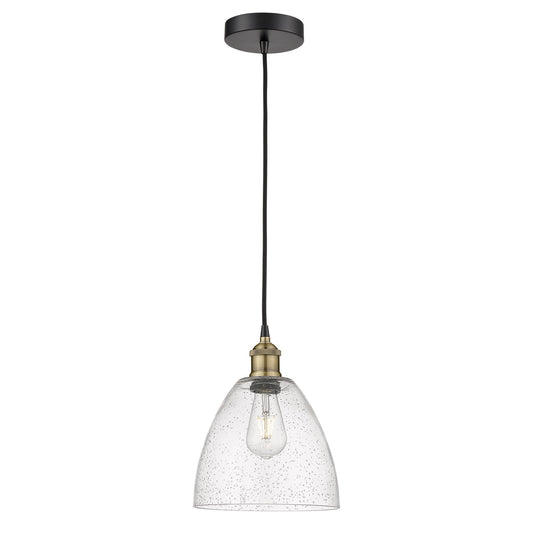 Innovations Bristol 9in 1-Light Mini Pendant | Industrial Black Antique Brass Steel and Seedy Glass | Kitchen Island & | Model 616-1P-BAB-GBD-94-LED