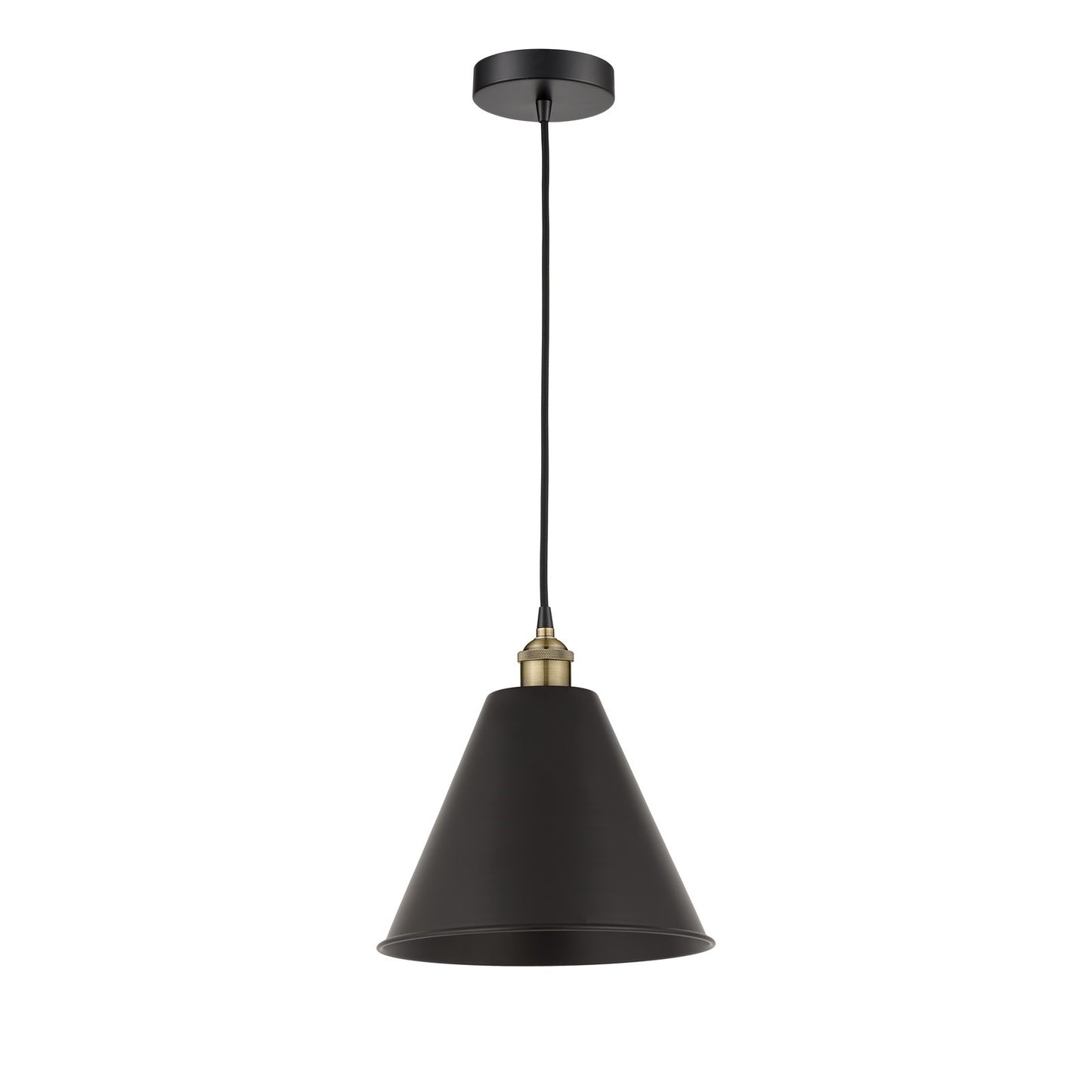 Innovations Berkshire Metal 12in 1-Light Mini Pendant | Industrial Black Antique Brass and Matte Black Metal Shade | Kitchen | Model 616-1P-BAB-MBC-12-BK