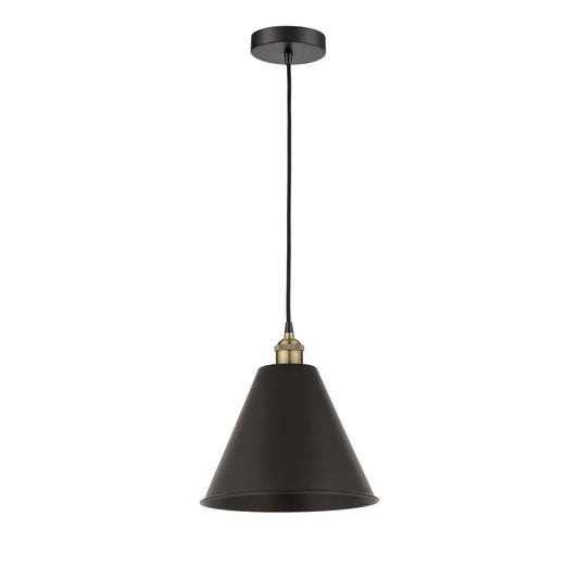 Innovations Berkshire Metal 12in 1-Light Mini Pendant | Industrial Black Antique Brass and Matte Black Metal Shade | Kitchen | Model 616-1P-BAB-MBC-12-BK