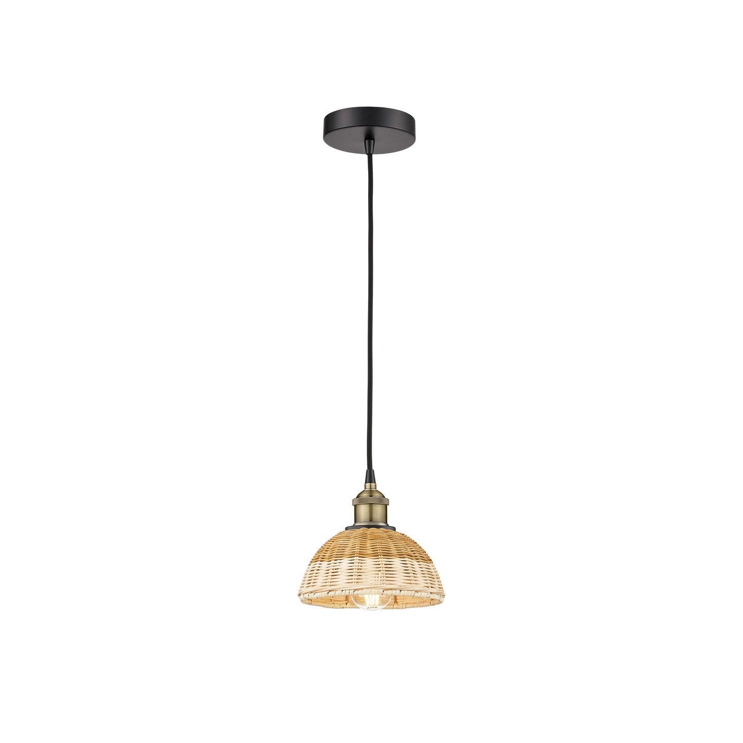Innovations Natural Ballston Dome 7.5in 1-Light Mini Pendant | Farmhouse Black Antique Brass Steel and Natural Fiber Dome | Model 616-1P-BAB-NBD2-75-NAT