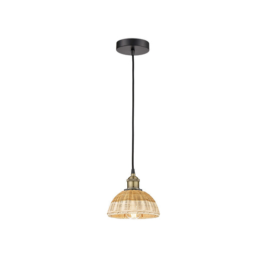 Innovations Natural Ballston Dome 7.5in 1-Light Mini Pendant | Farmhouse Black Antique Brass Steel and Natural Fiber Dome | Model 616-1P-BAB-NBD2-75-NAT