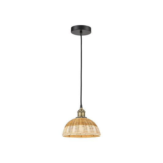 Innovations Natural Ballston Dome 9in 1-Light Mini Pendant | Farmhouse Black Antique Brass Steel and Natural Fiber Dome | Model 616-1P-BAB-NBD2-9-NAT