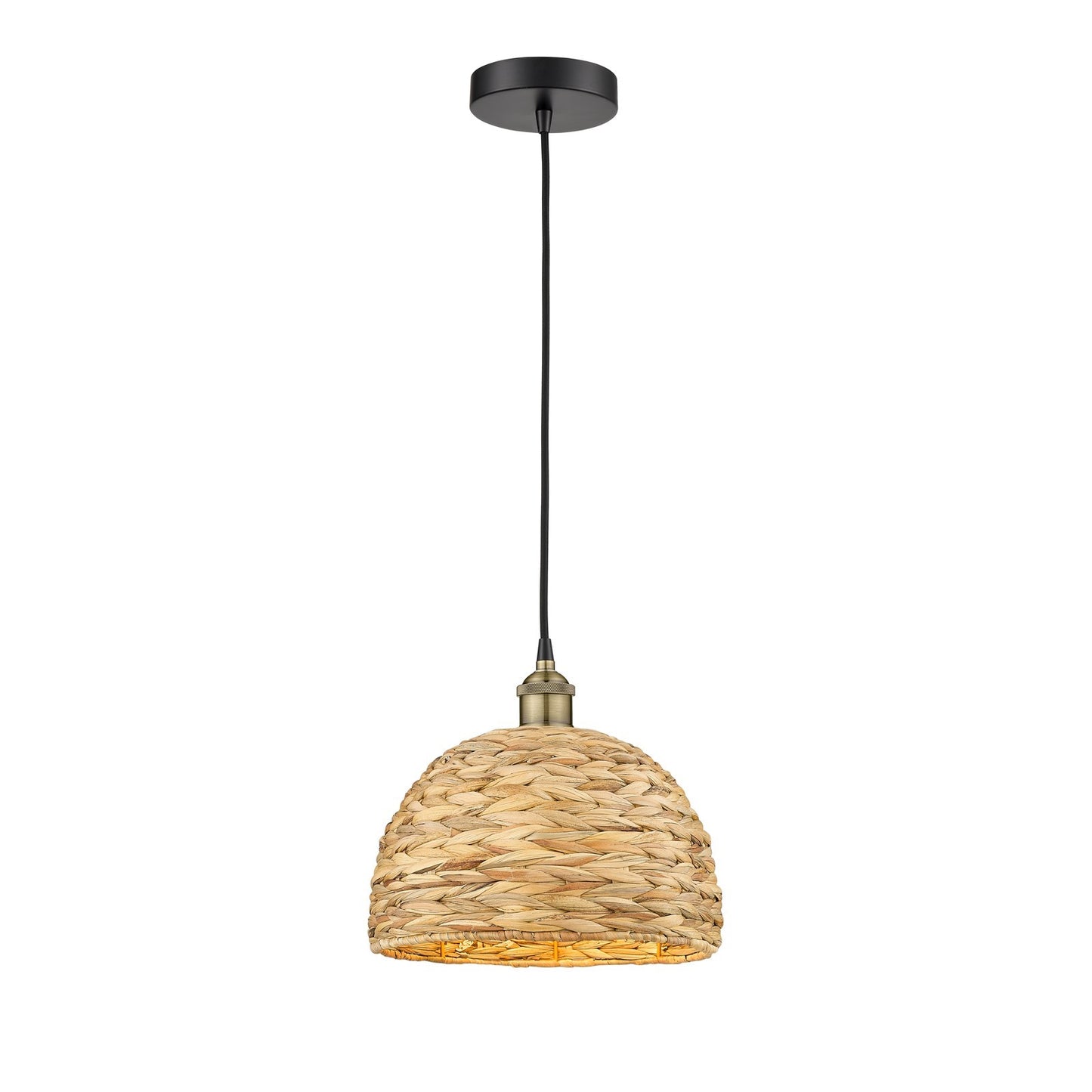 Innovations Woven Rattan 12in 1-Light Mini Pendant | Industrial Black Antique Brass and Natural Fiber Shade | Kitchen Island | Model 616-1P-BAB-RBD-12-NAT