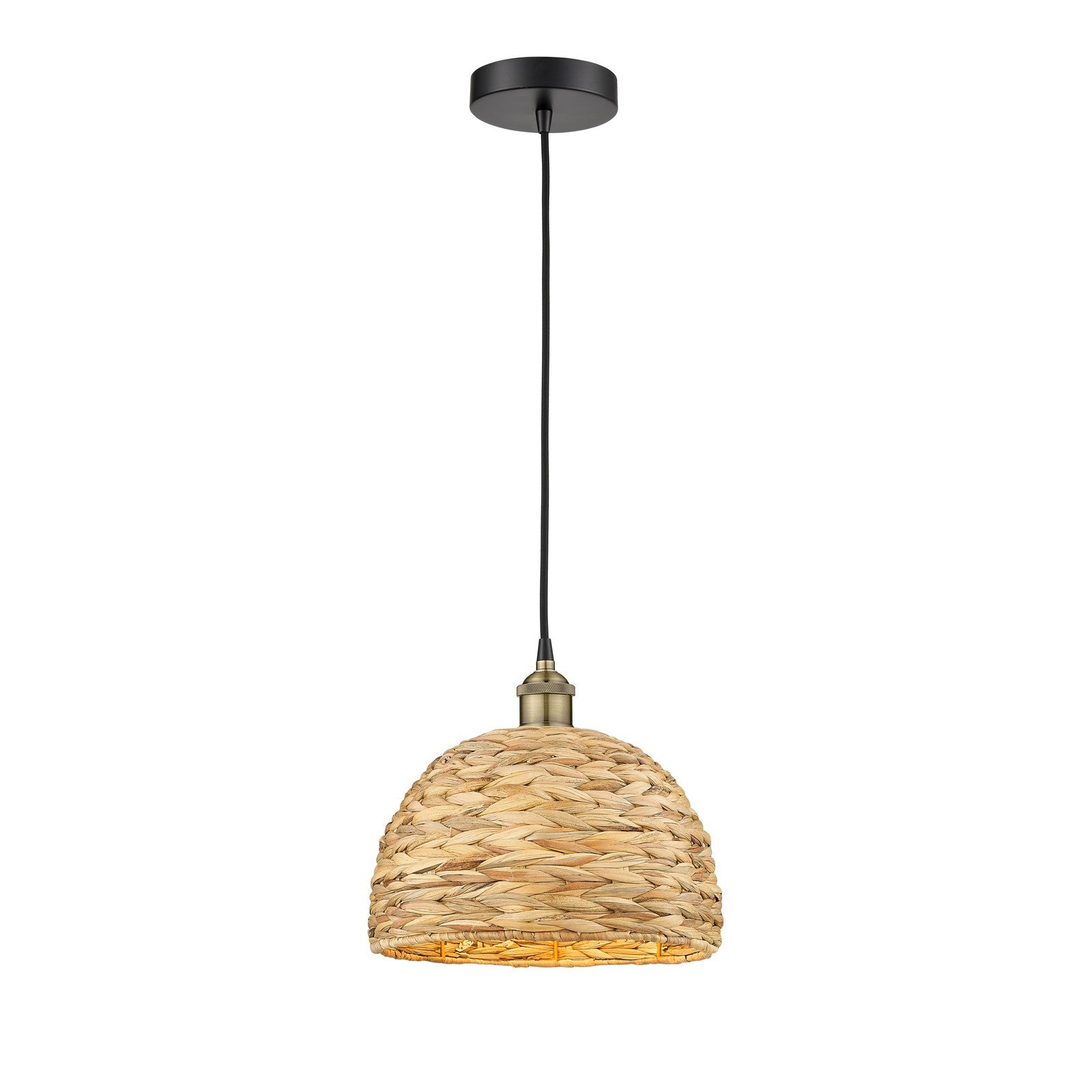 Innovations Woven Rattan 12in 1-Light Mini Pendant | Industrial Black Antique Brass and Natural Fiber Shade | Kitchen Island | Model 616-1P-BAB-RBD-12-NAT