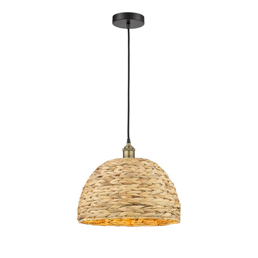 Innovations Woven Rattan 16in 1-Light Mini Pendant | Industrial Black Antique Brass and Natural Rattan Dome Shade | Kitchen | Model 616-1P-BAB-RBD-16-NAT