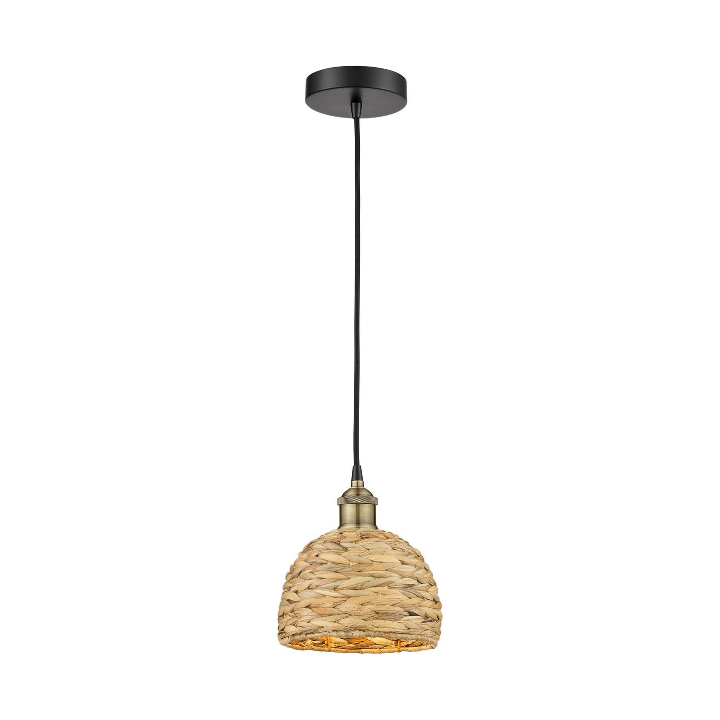 Innovations Woven Rattan 8in 1-Light Mini Pendant | Rustic Farmhouse Black Antique Brass and Natural Woven Rattan | Kitchen | Model 616-1P-BAB-RBD-8-NAT