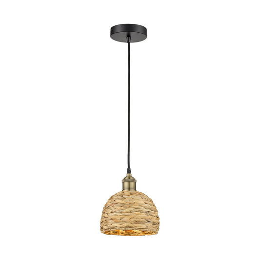 Innovations Woven Rattan 8in 1-Light Mini Pendant | Rustic Farmhouse Black Antique Brass and Natural Woven Rattan | Kitchen | Model 616-1P-BAB-RBD-8-NAT