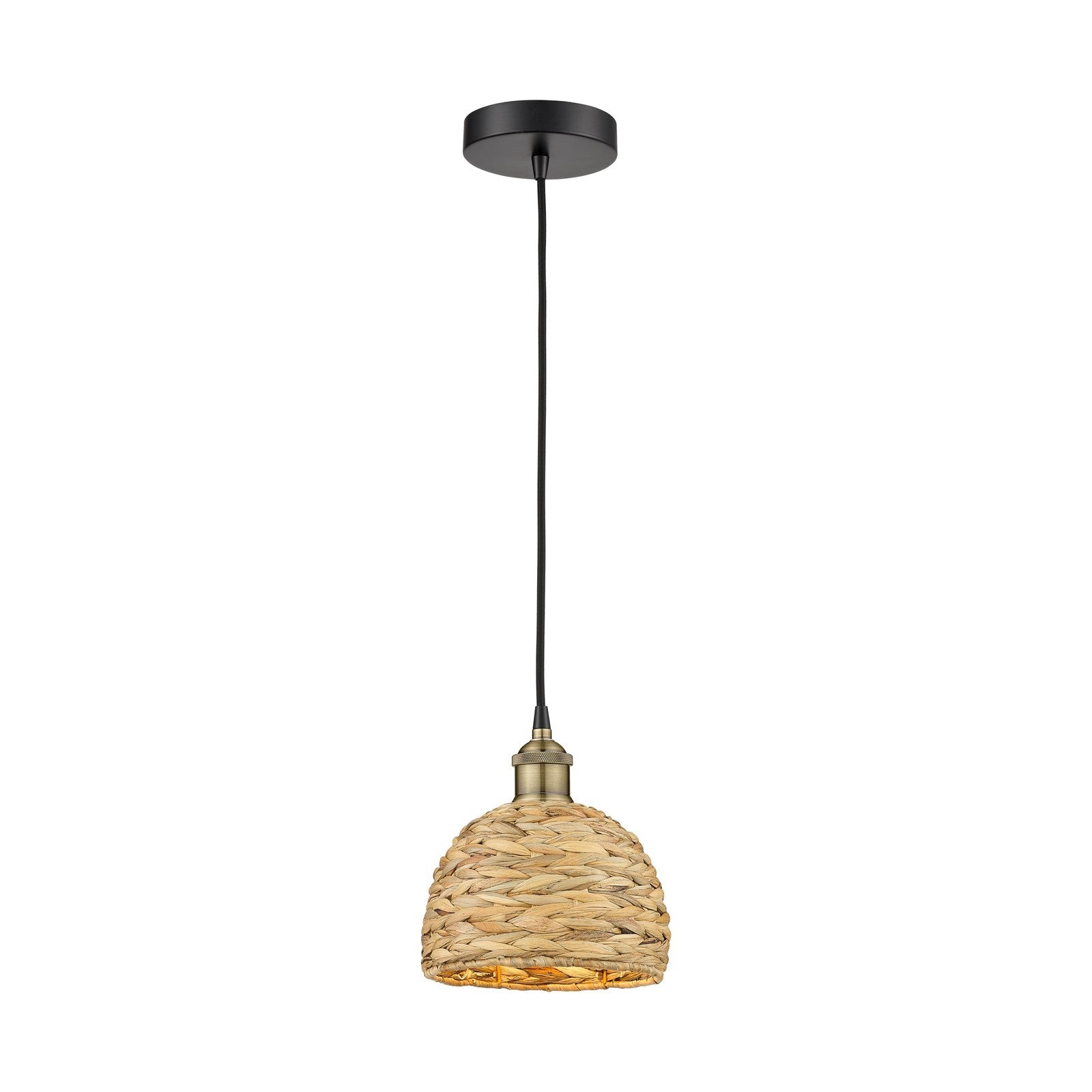 Innovations Woven Rattan 8in 1-Light Mini Pendant | Rustic Farmhouse Black Antique Brass and Natural Woven Rattan | Kitchen | Model 616-1P-BAB-RBD-8-NAT