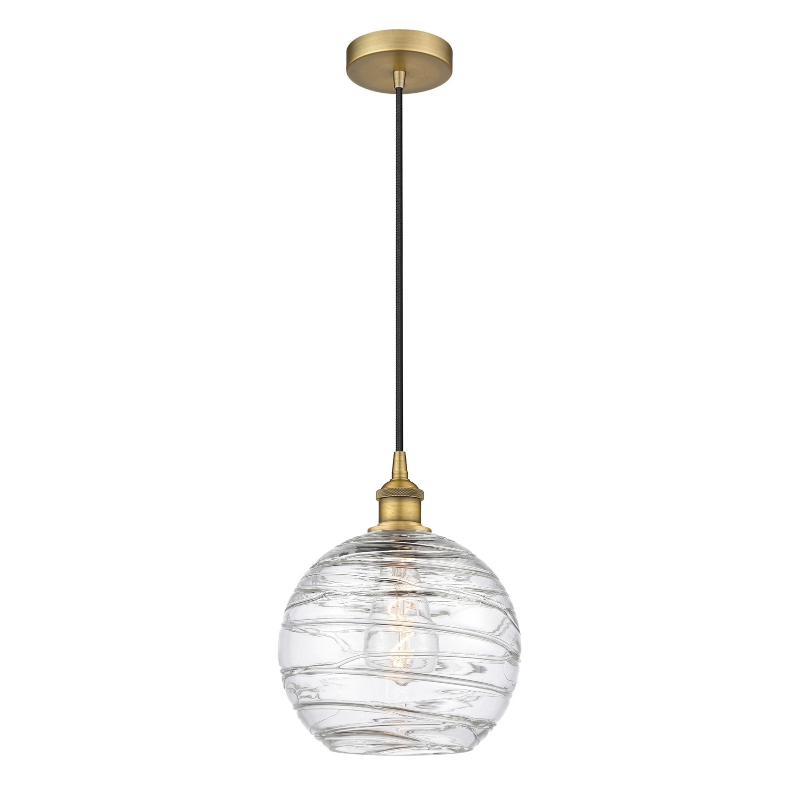 Innovations Athens Deco Swirl 10in 1-Light Mini Pendant | Industrial Brushed Brass Steel and Clear Deco Swirl Glass | Kitchen | Model 616-1P-BB-G1213-10CL