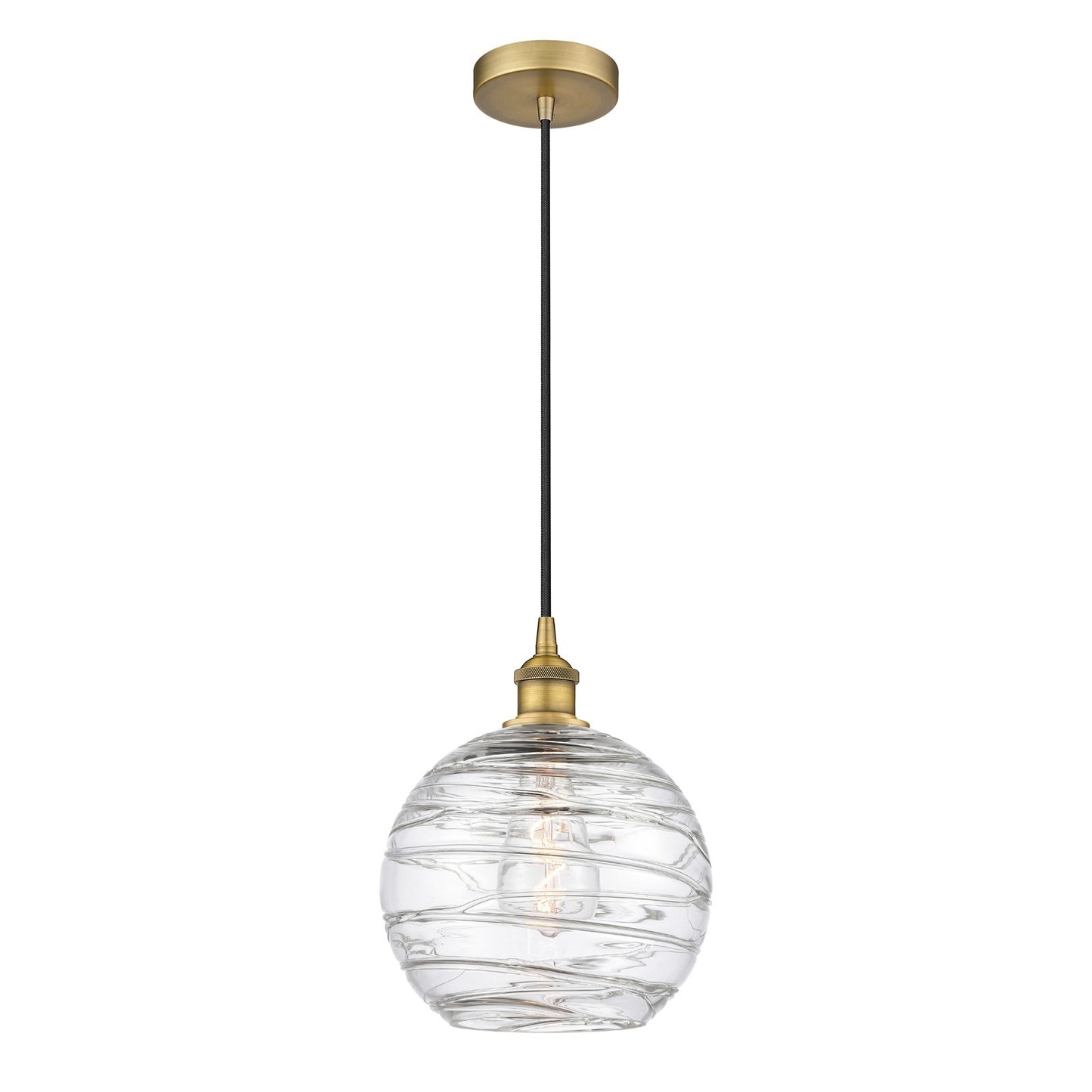 Innovations Athens Deco Swirl 10in 1-Light Mini Pendant | Industrial Brushed Brass Steel and Clear Deco Swirl Glass | Kitchen | Model 616-1P-BB-G1213-10CL