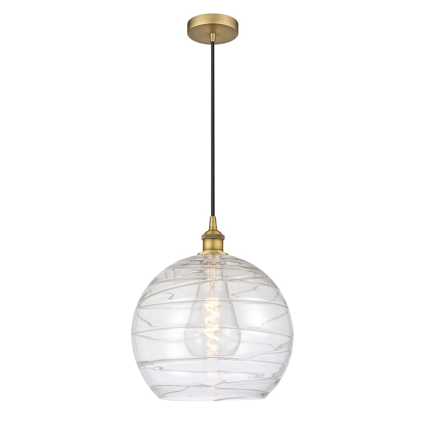 Innovations Athens Deco Swirl 14in 1-Light Mini Pendant | Industrial Brushed Brass and Clear Deco Swirl Glass | Kitchen | Model 616-1P-BB-G1213-14CL